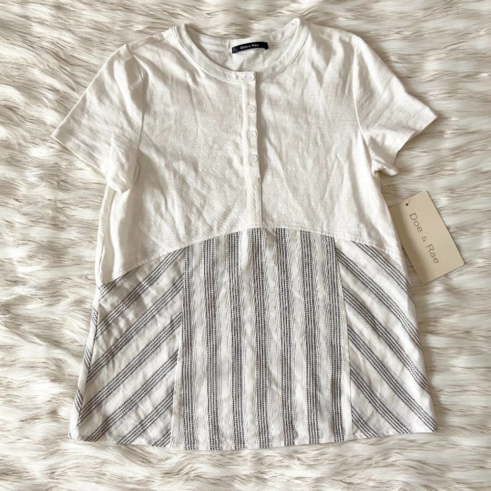 Doe & Rae White Grey Nautical Button Up Flowy Striped Top Sz S